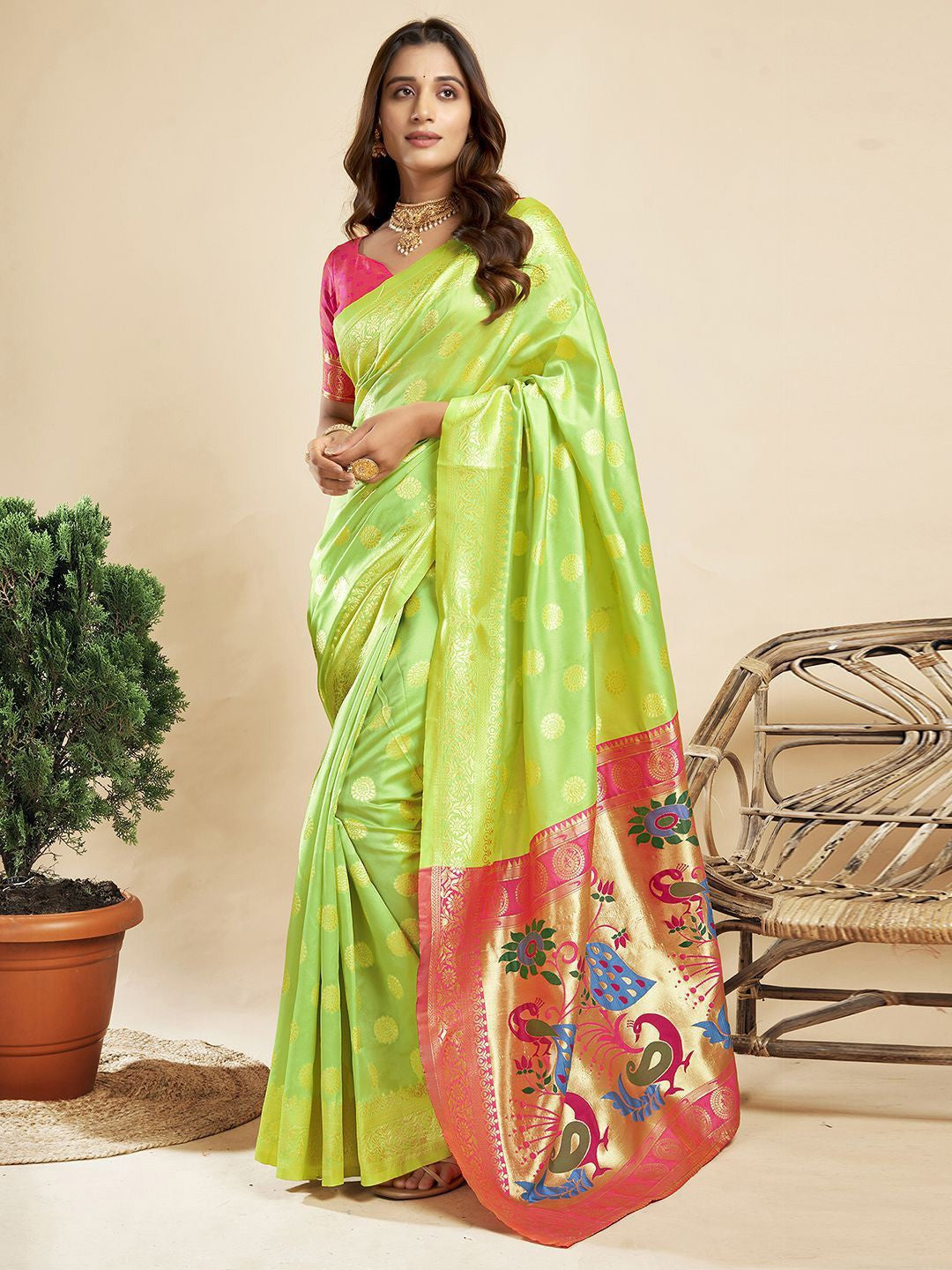 "Lime Gold Peacock Paithani Saree"