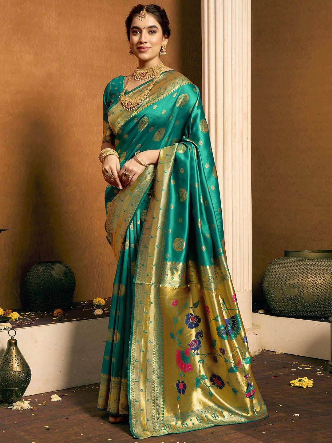 peacock green pure silk saree