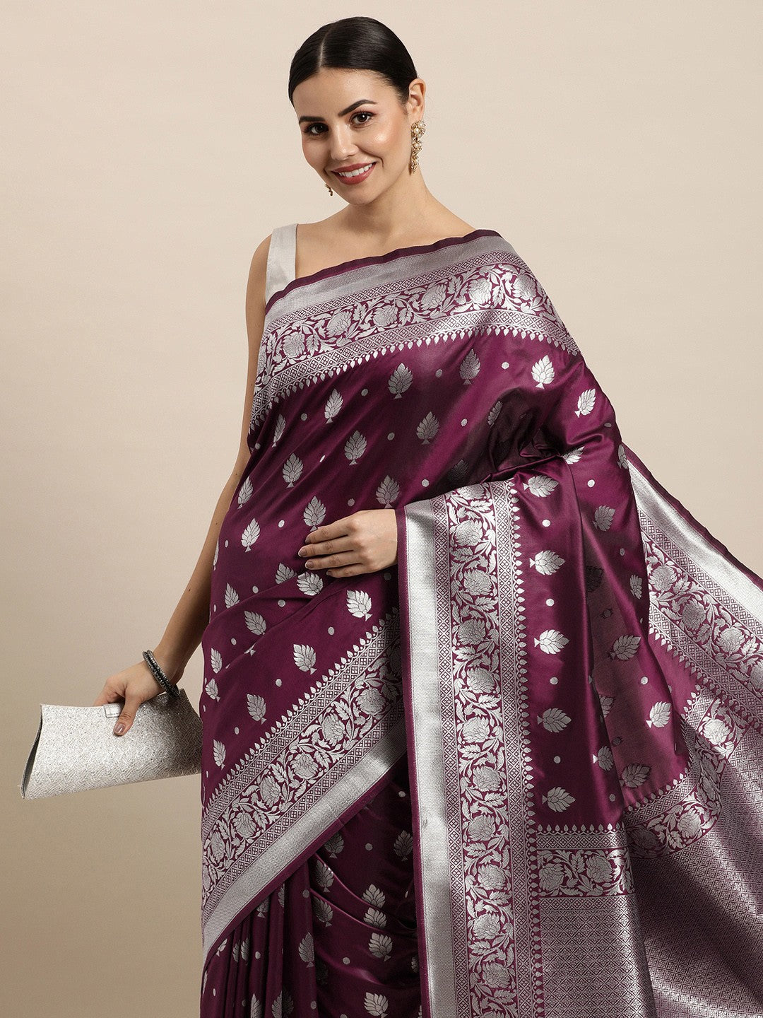 "Burgundy Silver Zari Silk Saree"