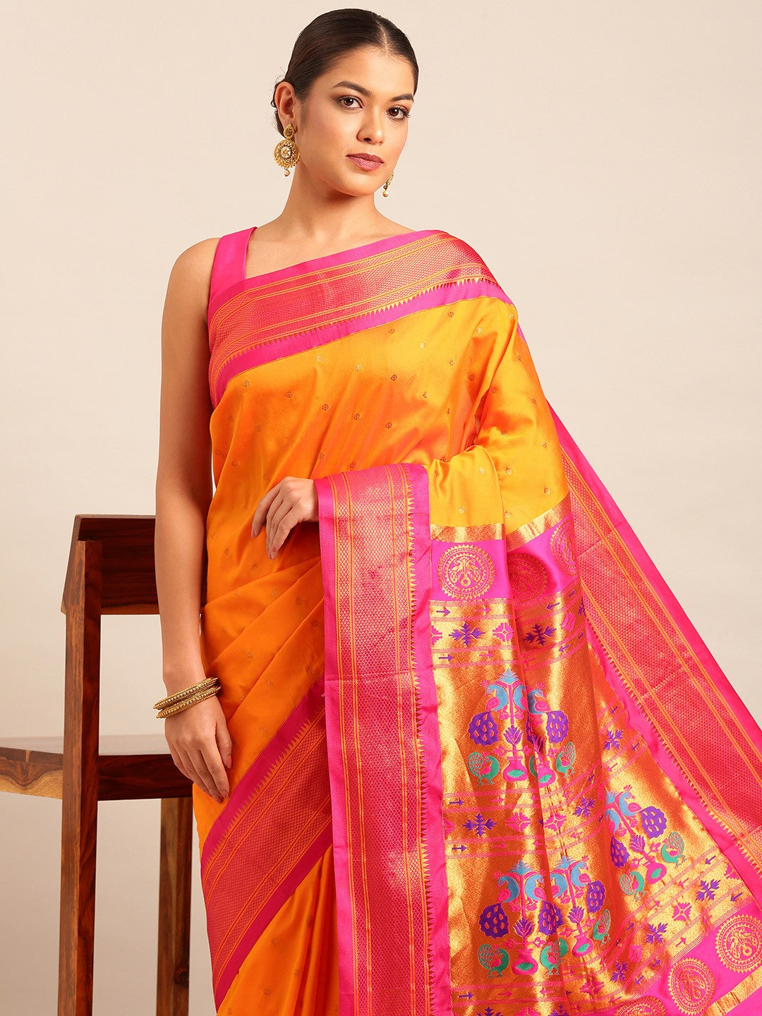 "Orange Pink Zari Paithani Silk Saree"