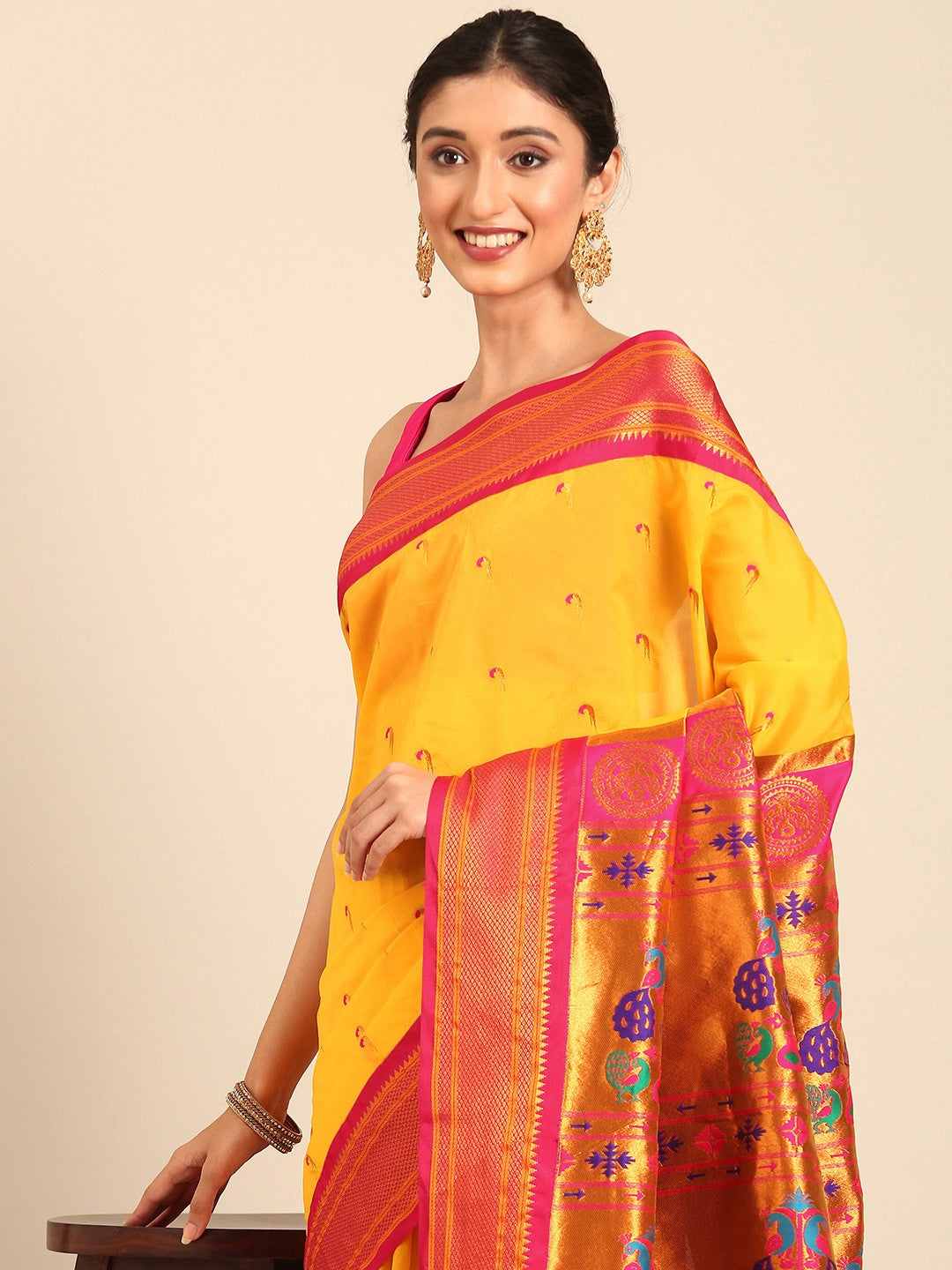 "Yellow Pink Zari Paithani Silk Saree"