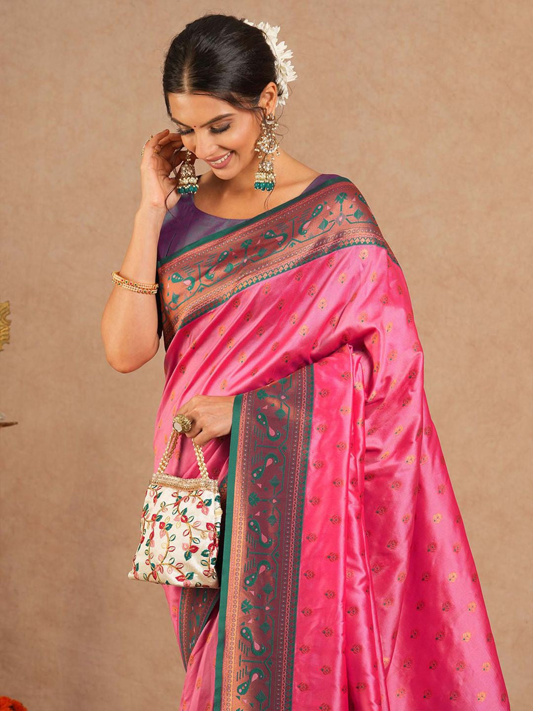 Rich pink pure silk paithani saree