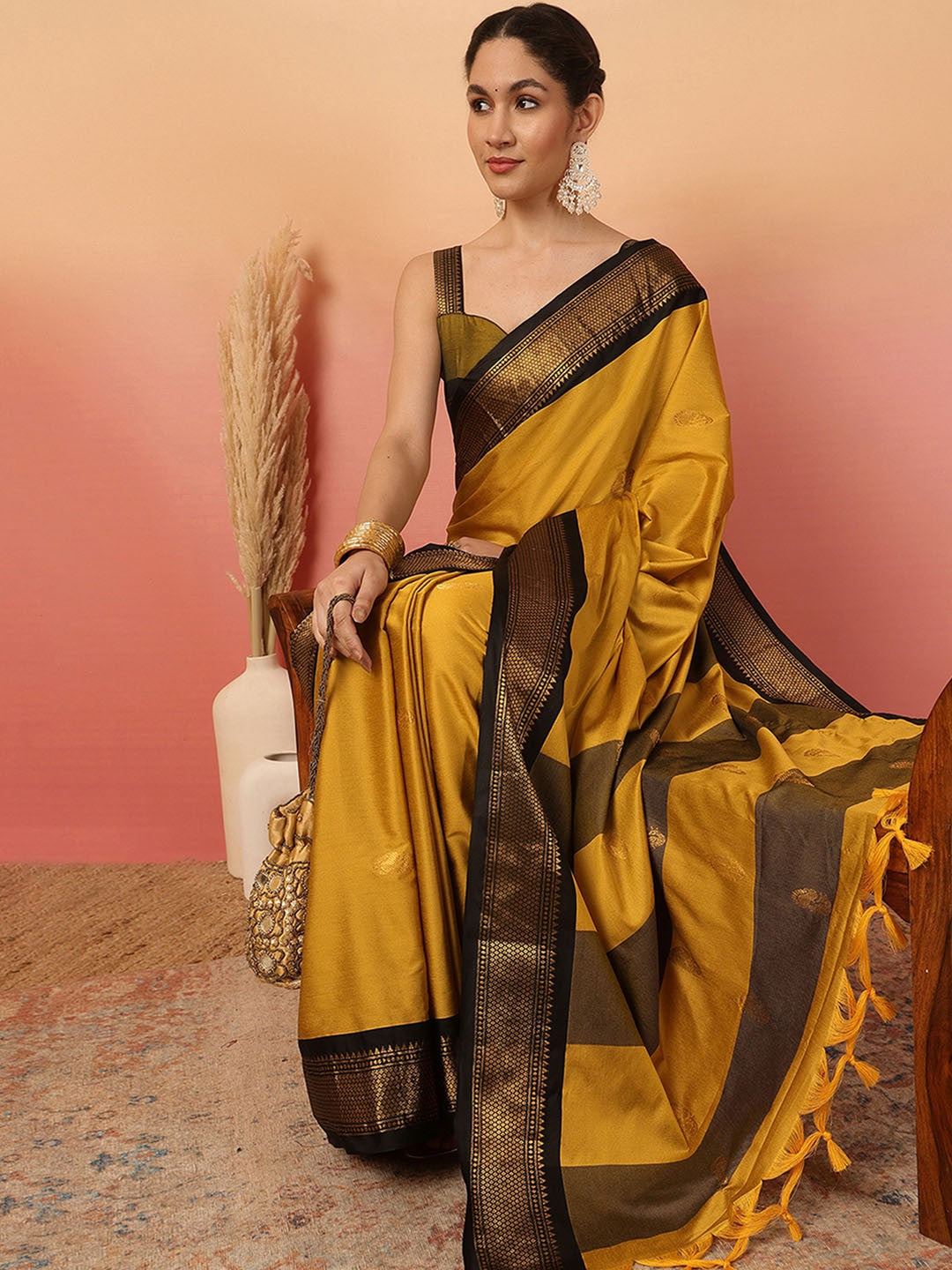 Golden olive woven silk paithani saree