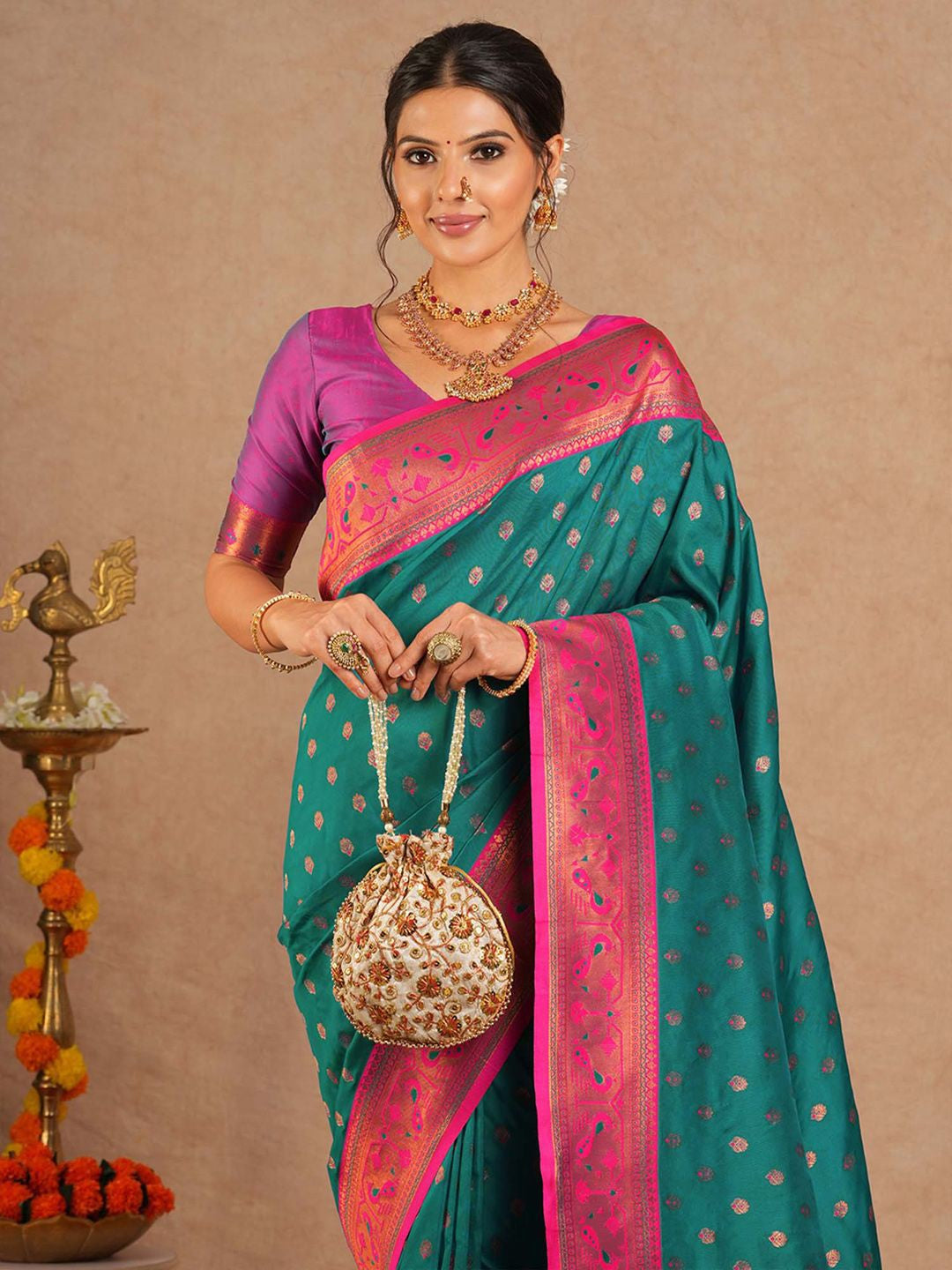 Teal blue pink paithani saree