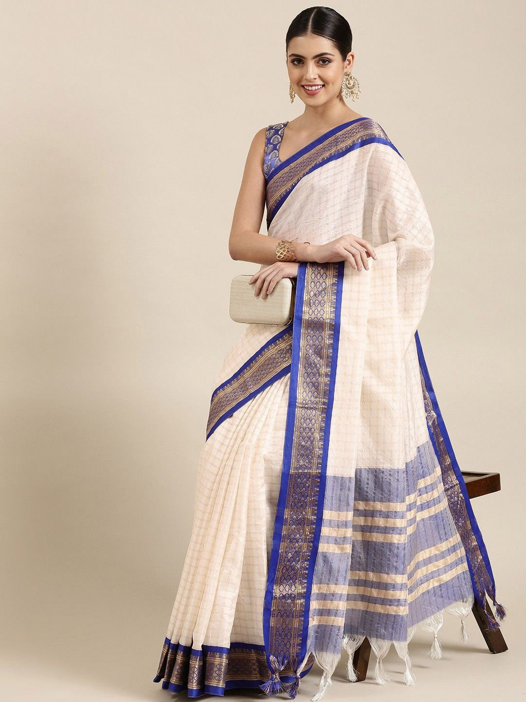 "Ivory Blue Checked Zari Silk Saree"
