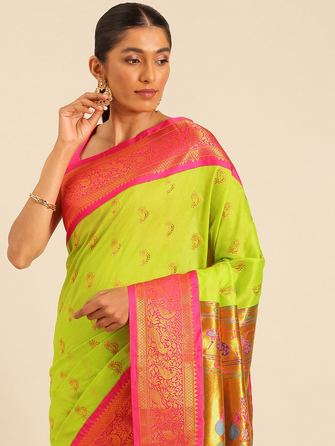 "Lime Pink Zari Paithani Silk Saree"