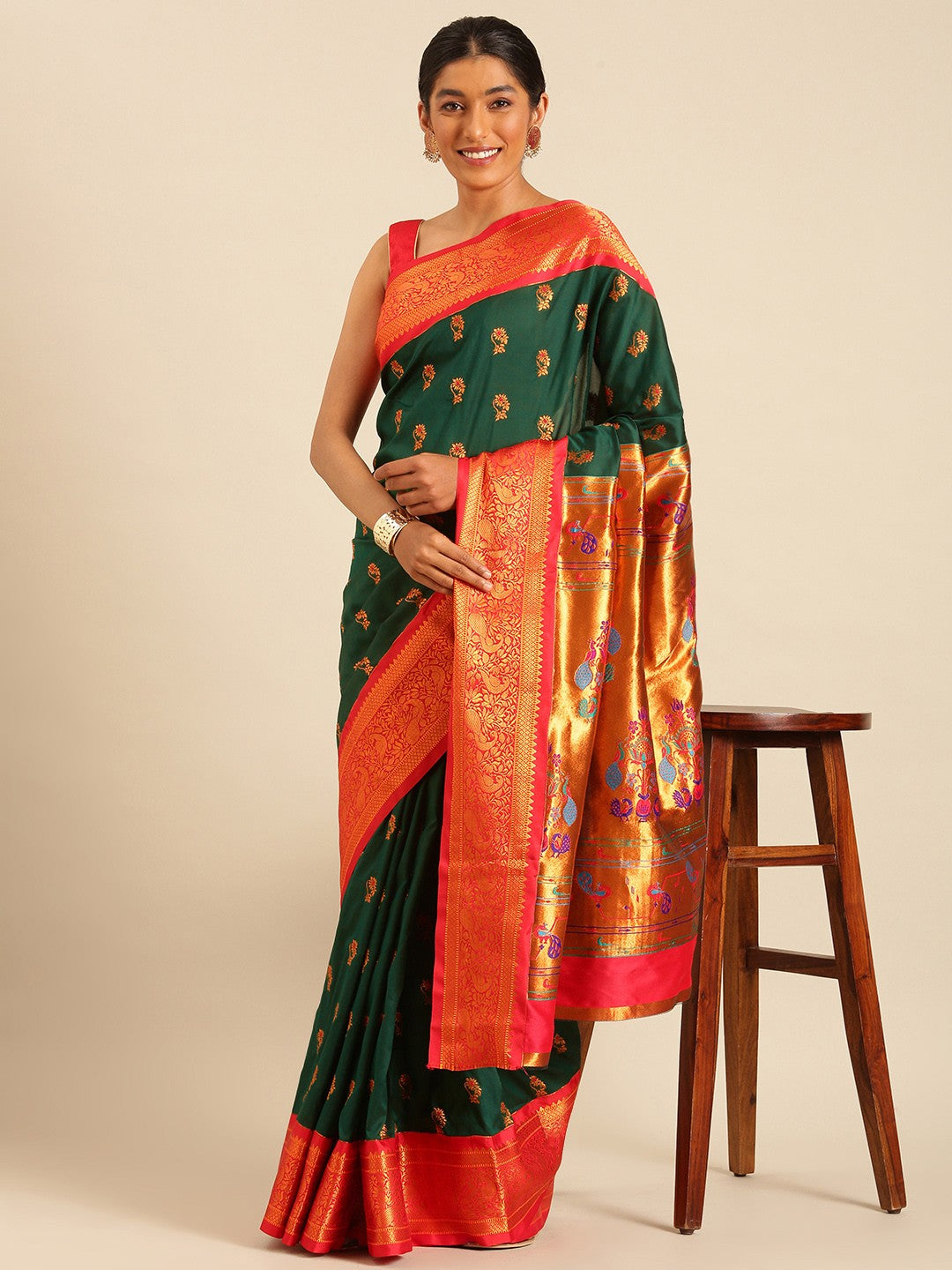 "Emerald Red Paithani Silk Saree"