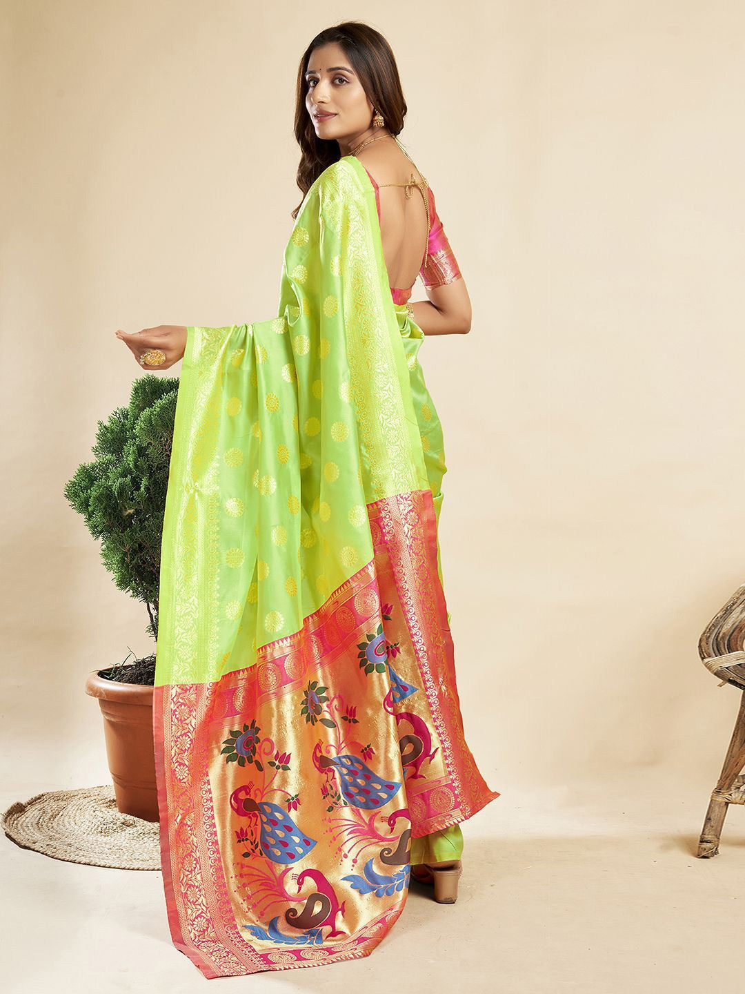 "Lime Gold Peacock Paithani Saree"