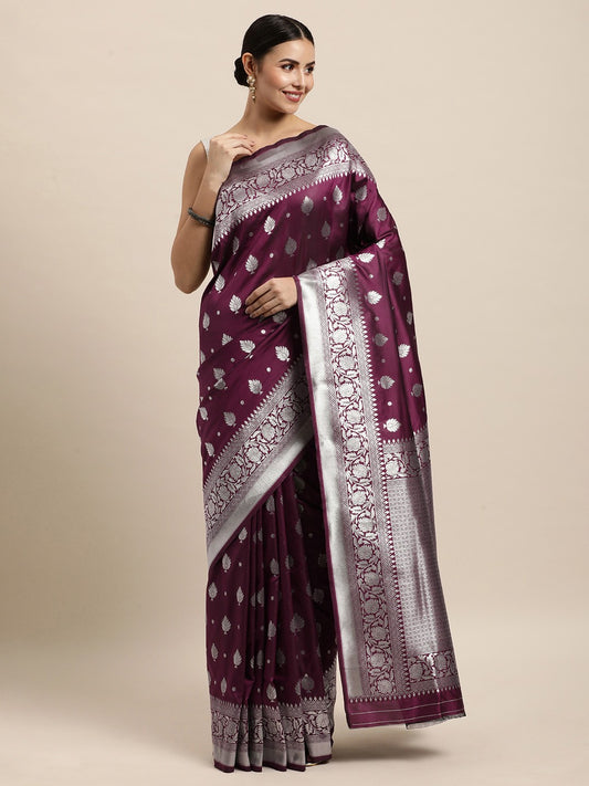 "Burgundy Silver Zari Silk Saree"