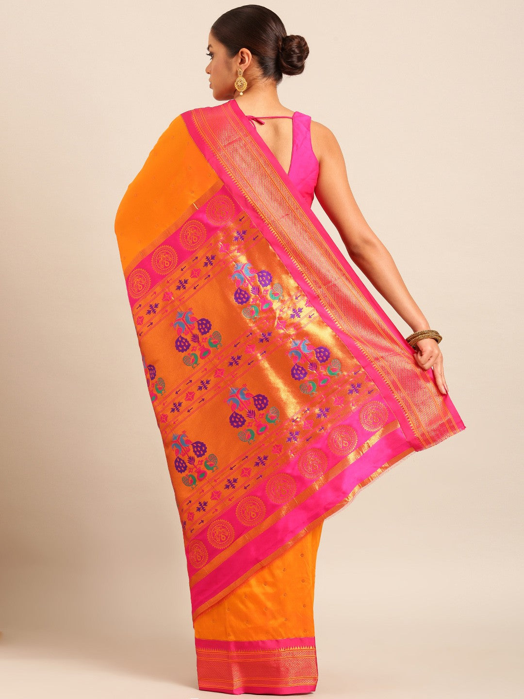 "Orange Pink Zari Paithani Silk Saree"