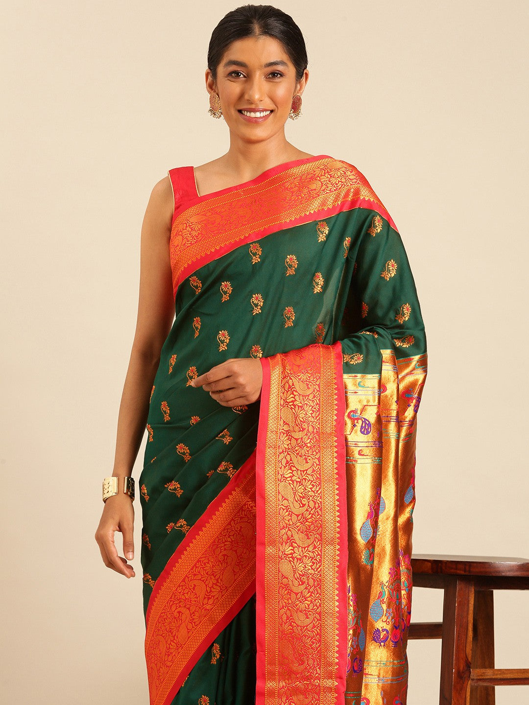 "Emerald Red Paithani Silk Saree"