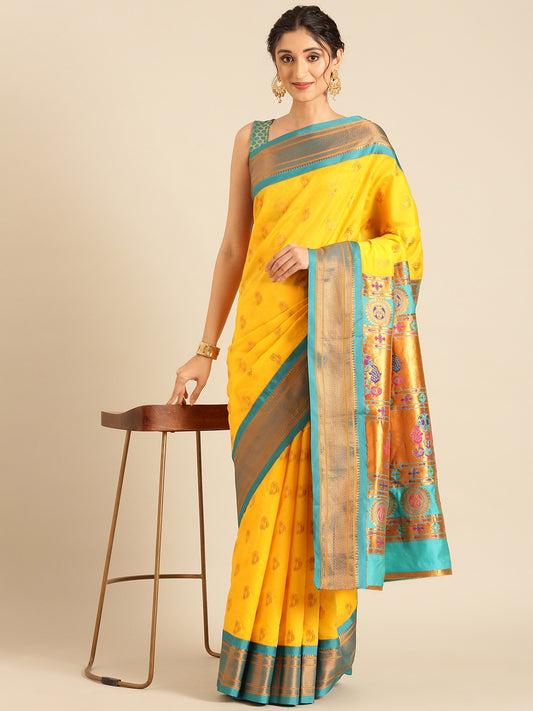 Rich yellow with green polls paithani
