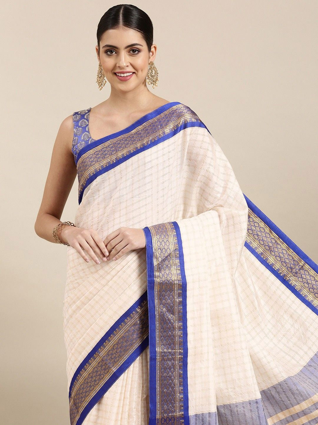 "Ivory Blue Checked Zari Silk Saree"