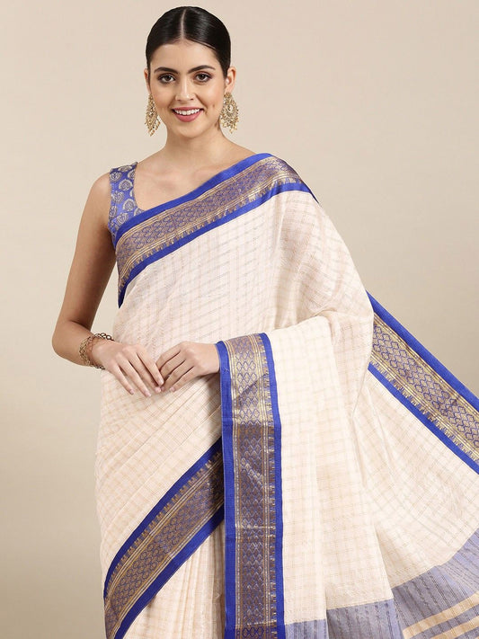 "Ivory Blue Checked Zari Silk Saree"