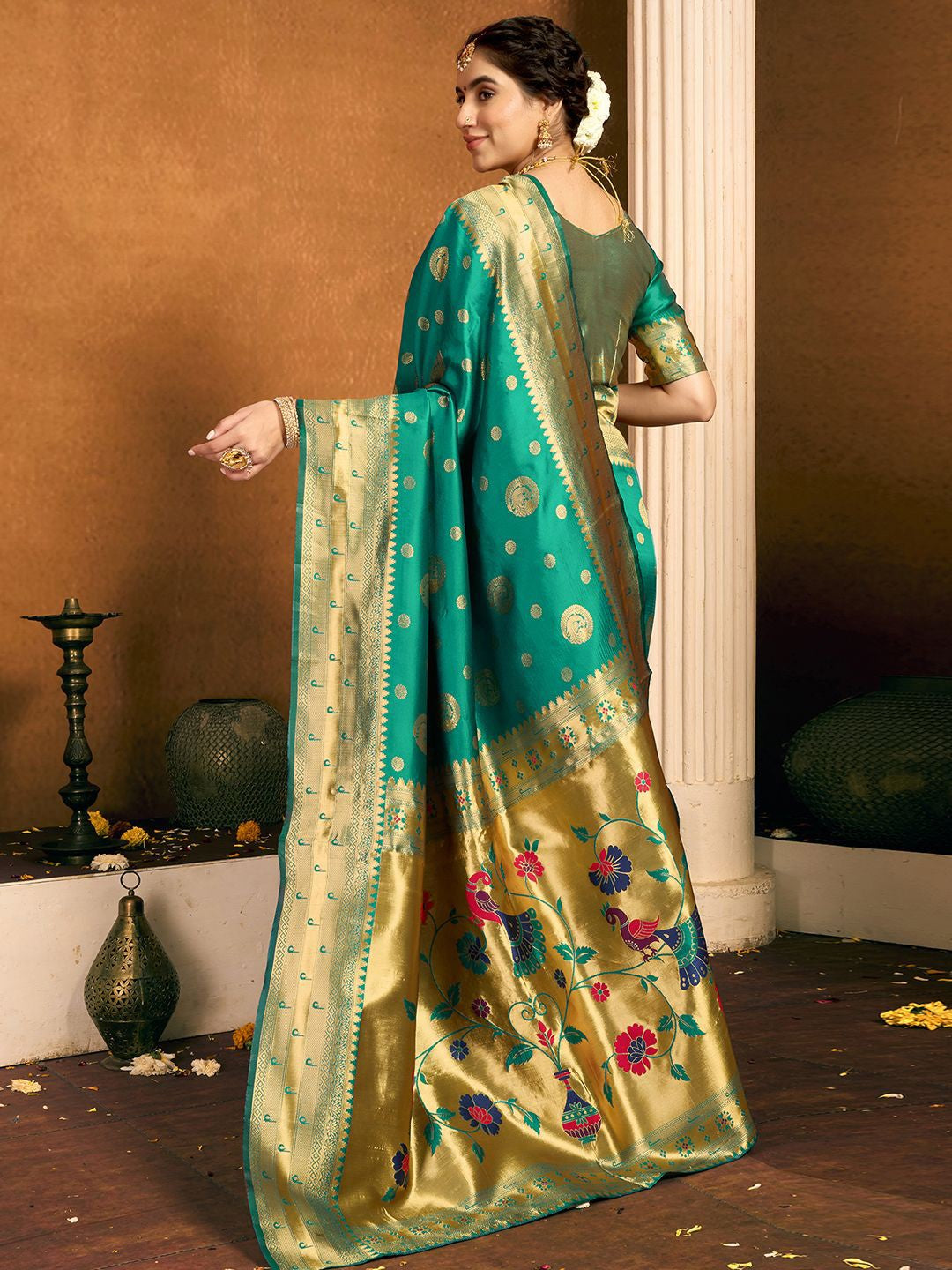 "Teal Gold Peacock Paithani Saree"
