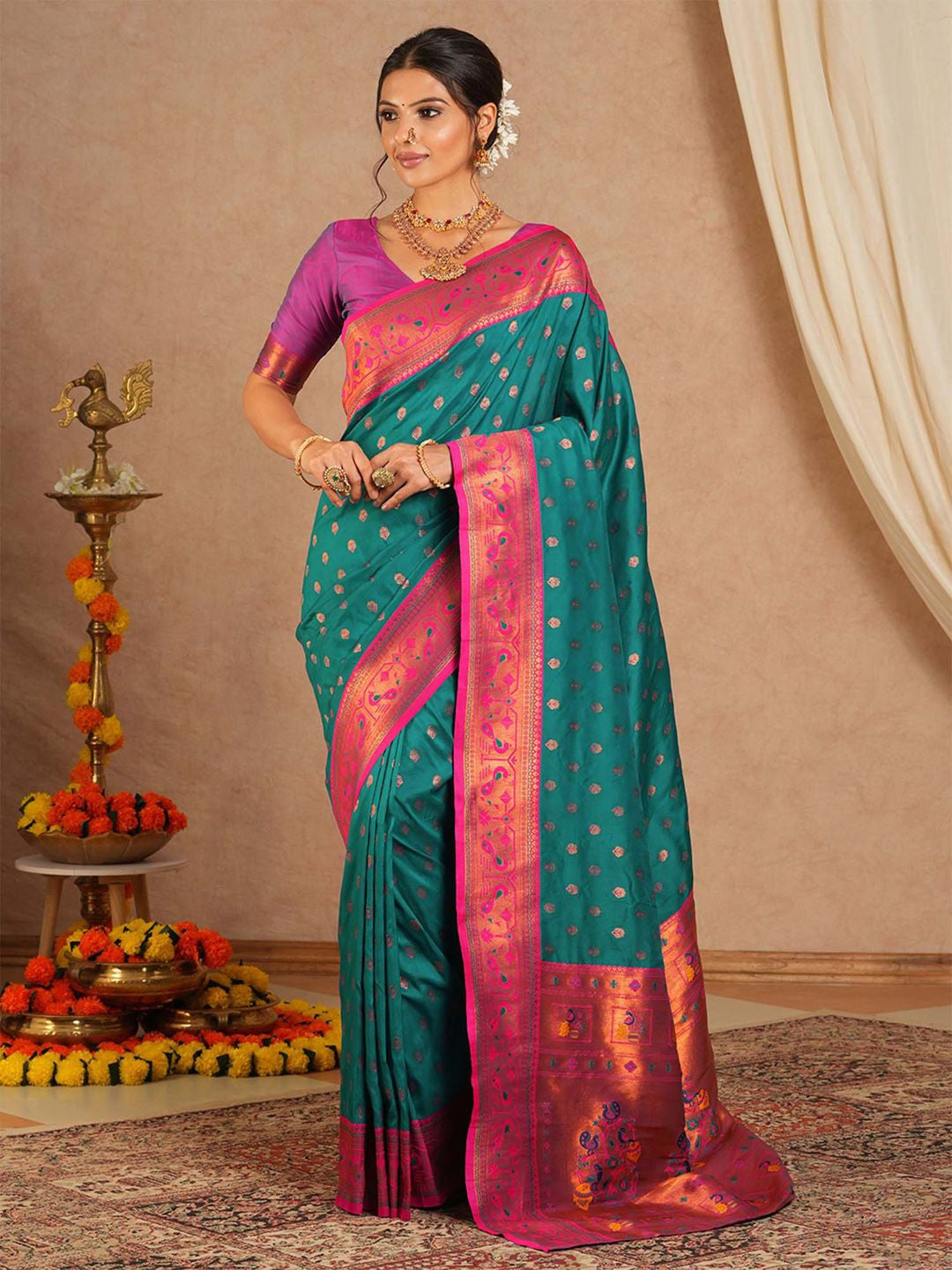 Teal blue pink paithani saree