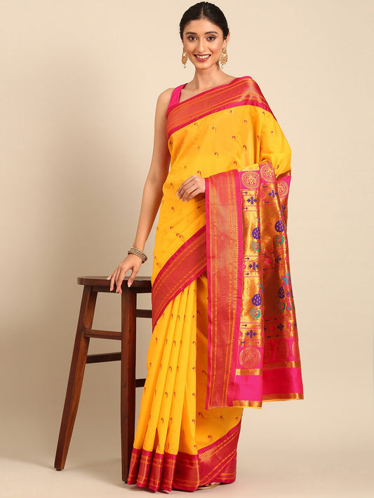 "Yellow Pink Zari Paithani Silk Saree"
