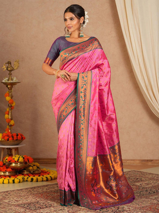 Rich pink pure silk paithani saree