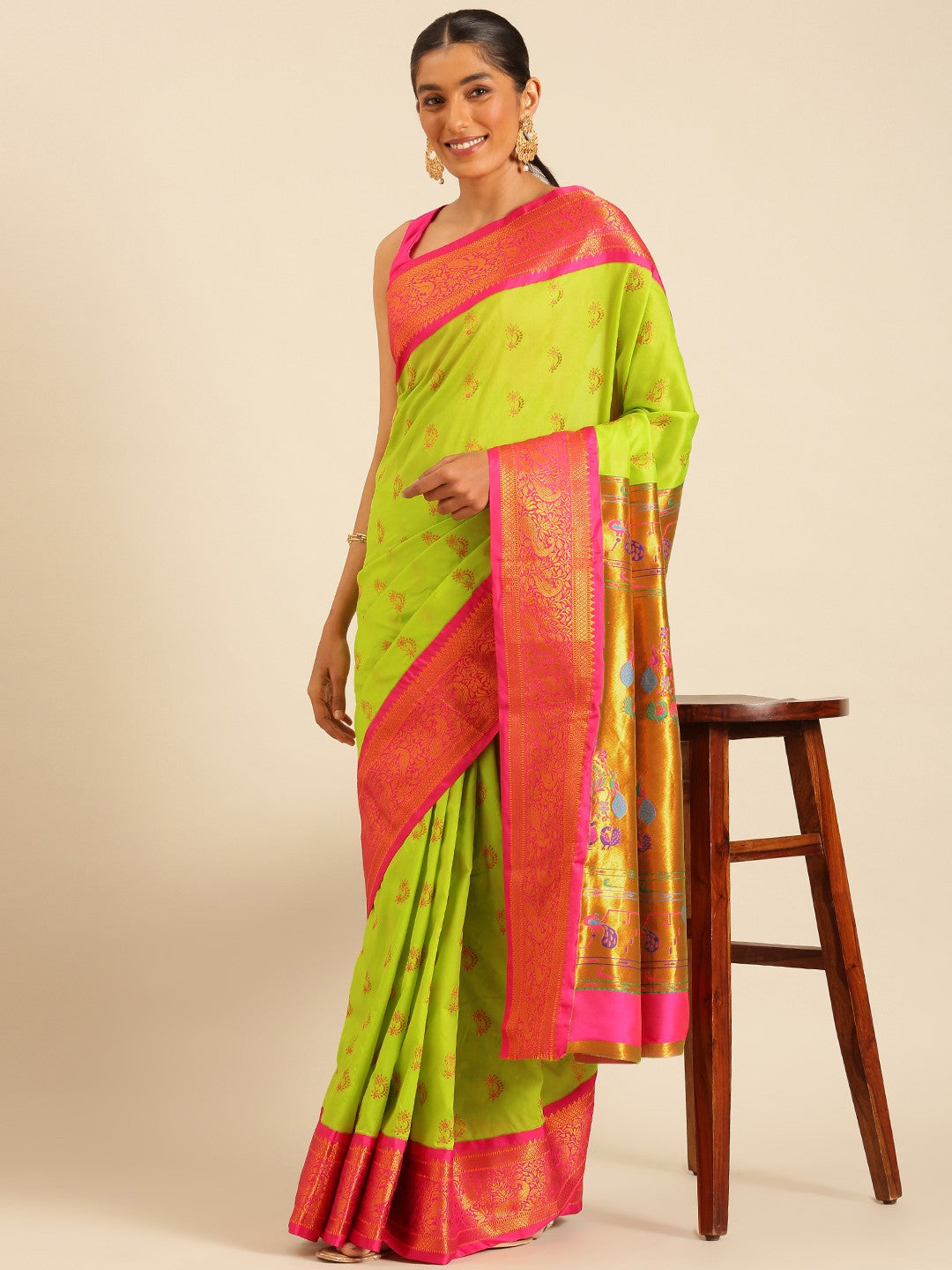"Lime Pink Zari Paithani Silk Saree"