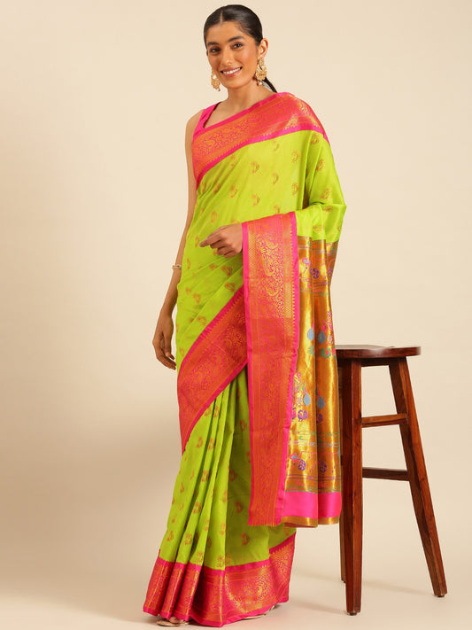 "Lime Pink Zari Paithani Silk Saree"